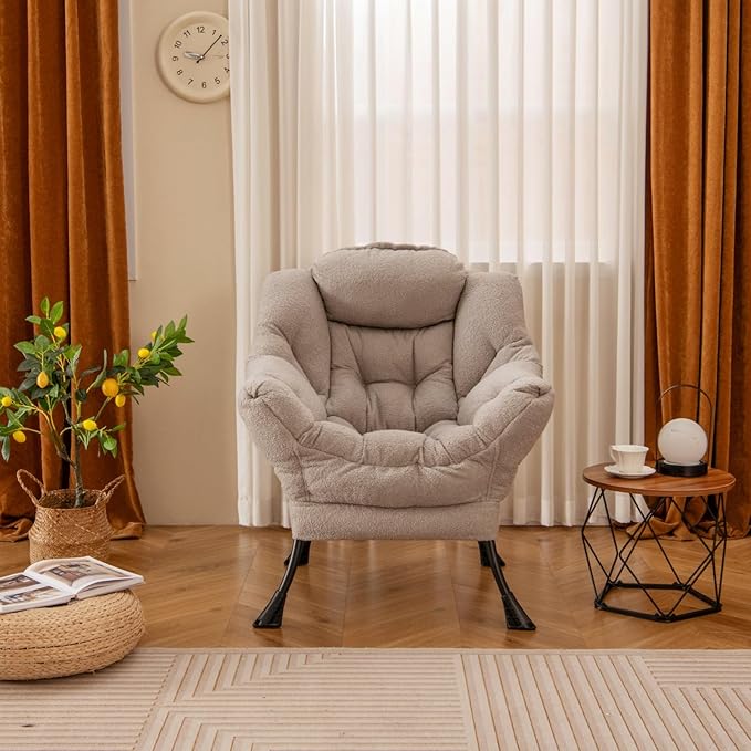 GORELAX Modern Lazy ChairUpholstered Lounge Accent Chair Single Leisure Sofa Chair with Armrests &amp Side Pocket Comfy Reading Chair for Bedroom Living Room Dorm Room (Plush Grey)