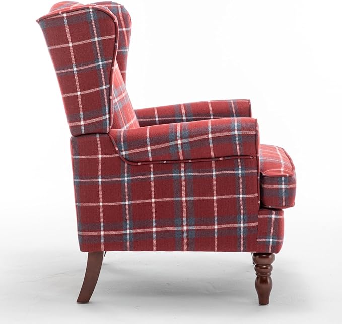 Modern Accent Chair with Retro Wood Legs Comfy Upholstered ArmchairTantan Check Design Single Sofa Chair for Living Room Bedroom Office - Red
