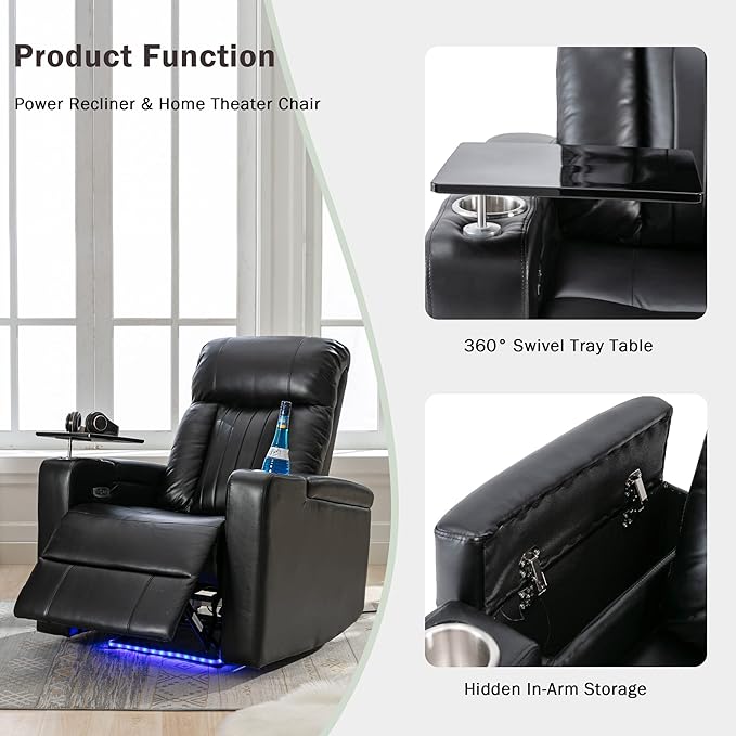 Black Power Recliner Chair with Cupholders &amp Storage - Armchair Electric Reclining with USB Port 360° Swivel Tray Table Cell Phone Stand Ambient Lighting Leather Living Room Chair for Home The