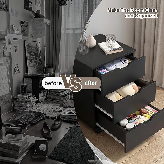 3 Drawer File Cabinet for Home Office 3-Drawer Vertical Filing Cabinet Rolling Wood Mobile File Cabinets Under Desk for Home Office with Casters (Black)
