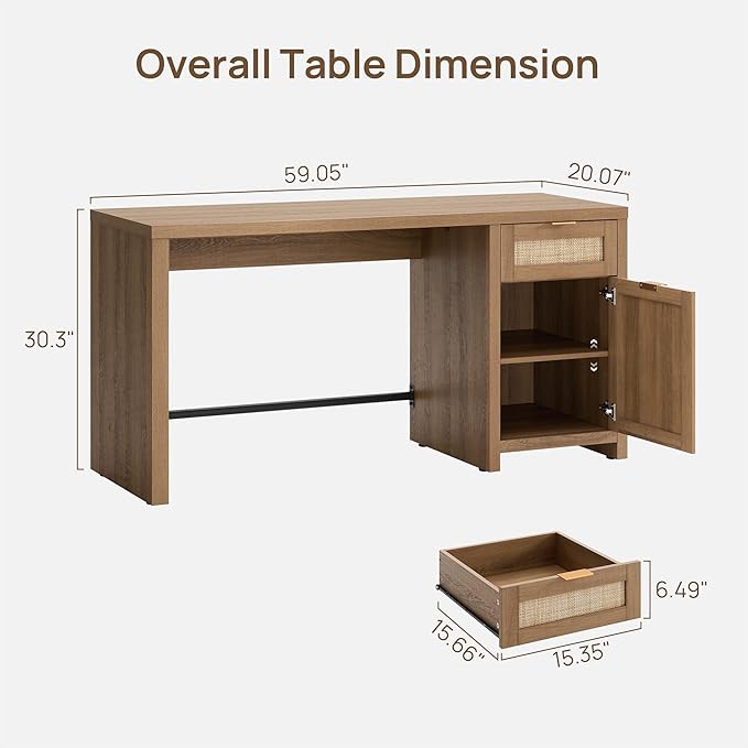SICOTAS Rattan Home Office Desk 2 Pieces Farmhouse Boho Executive Desk with Storage Cabinets and Drawers Larger Writing Desk for Office Study Living Room Oak