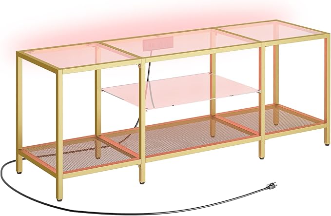 HOOBRO TV Stand with LED Lights and Power Outlets for TVs up to 65 Modern 55 Inch Tempered Glass TV Console Table with Open Shelves Media Entertainment Center for Living Room Gold GD145UDS01