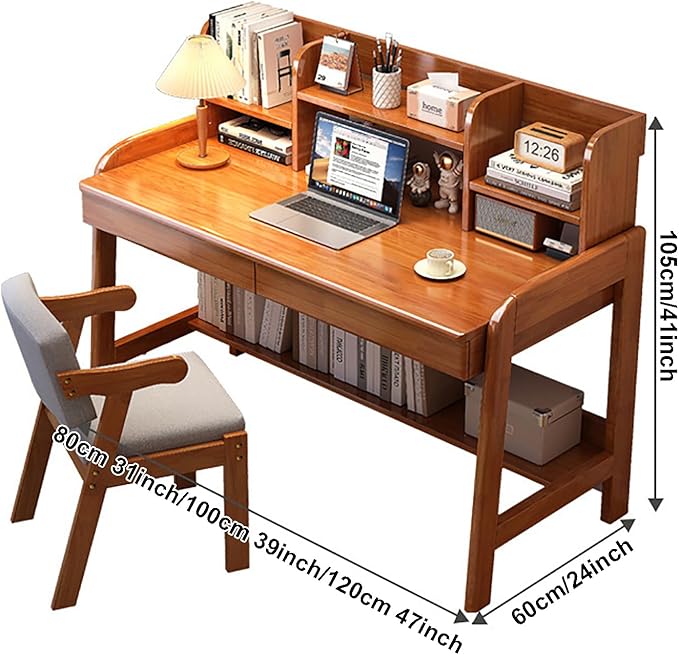 Solid Wood Writing Desk Mid-Century Modern Computer Desk with Hutch and 2 Drawers Simple Study Table for Home Office Workstation with Open Storage Shelf