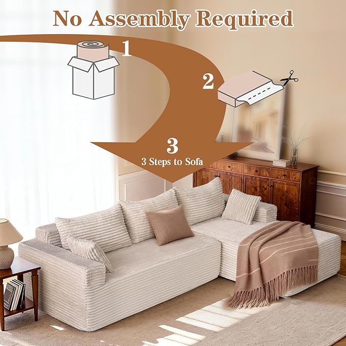 PARKOL 105 Cloud Sectional Couch with L-Shape ChaiseModern Modular Sofa with Deep Seat Upholstered Couches for Living Room BedroomNo Assembly Required Beige(Plush Corduroy Fabric)