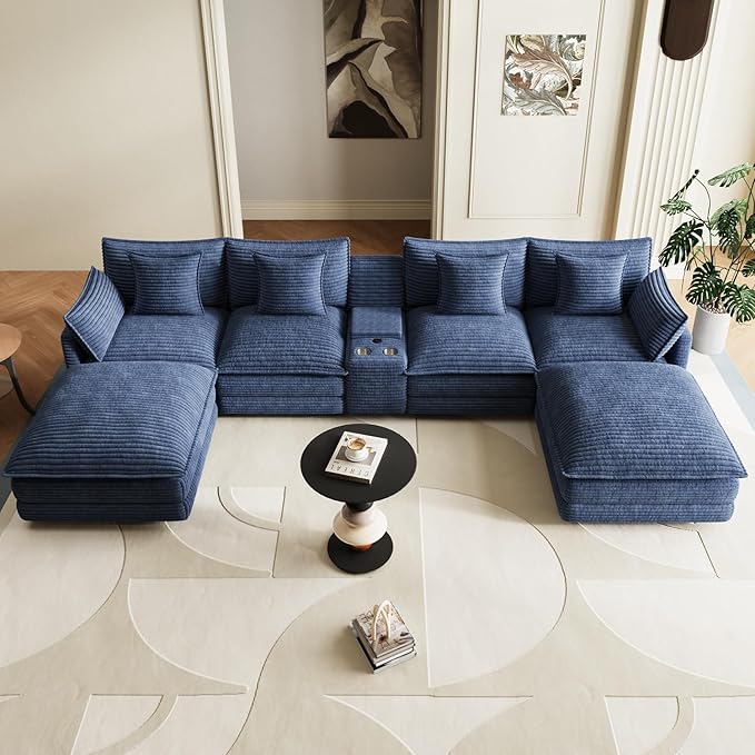 143 Oversized Modular Sectional Sofa U Shaped Cloud Couch 6 Seat Sofa Set for Living Room Comfy Corduroy Deep Seat with Storage Central Console Movable Ottomans USB Ports Cup Holders Blue