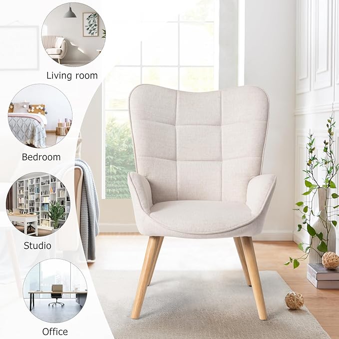 FurnitureR Upholstered Tufted Wingback Chair Fabric Living Room Leisure Chair Comfortable Stylish with Solid Wood Legs Accent Armchairs High Back Ergonomic for Bedroom/Lounge Beige/Oak