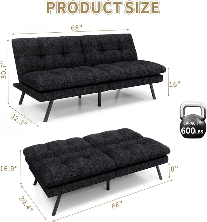MUUEGM Convertible Futon Sofa Bed68 Memory Foam Futon CouchLinen Modern Loveseat Sleeper Couch with Adjustable Backrest &amp ArmrestDetachable Cushion for Living RoomOfficeApartmentBlack