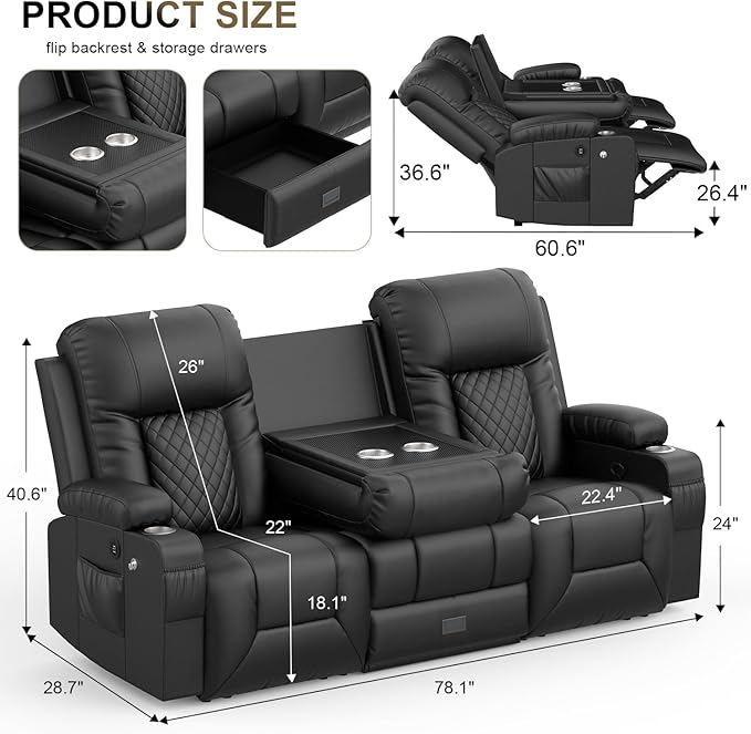YONISEE 3 Seat Recliner Sofa with Flip Backrest Design Loveseat Reclining Sofa with Storage Drawer USB Ports 2 Cell Phone Holder Loveseat Recliner Couch for Living Room