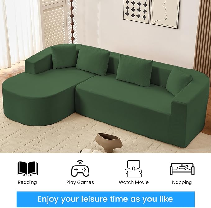 PUREMIND 98 L Shaped Sectional Couches for Living Room Boneless Comfy Modern Sofa Cloud Sectional Modern Sleeper Couch with Chaise for Bedroom Apartment No Assembly Required (Green)