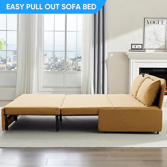 Mjkone 64 Width Queen Size Sleeper Sofa Bed 2-in-1 Modern Convertible Linen Sofa Sleeper Pull Out Couch Bed with Cushions &amp Throw Pillows for Living Room Home Office Small Place Yellow