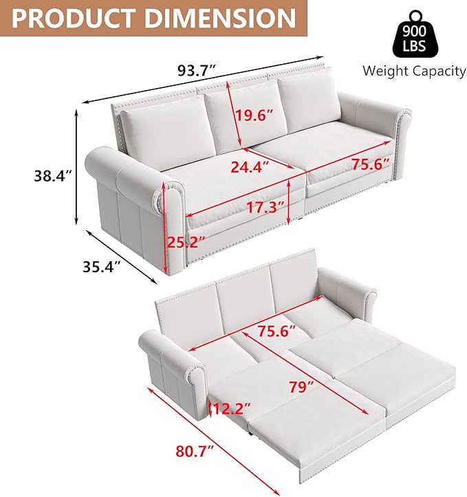 93.7 King Pull Out Sofa Bed 3 in 1 Convertible Sleeper Sofa 3 Seat Couch with Nailhead Trim &amp Rolled Arm for Living Room Apartment Office Beige Velvet