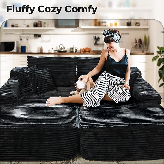 Oversized Chaise Lounge Sofa Indoor - Luxury 80 Cloud Sectional Couch Sofa Bed Deep Seat Plush Corduroy Lounge Chair Sleeper Sofa for Living Room Bedroom (Black2PCS)