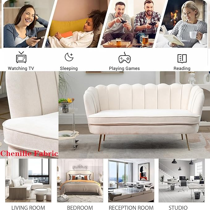 Modern Chenille Loveseat CouchFuton Small Sofa with Gold Metal Legs 2-Seater Upholstered Mini Sofa Couches for Small SpaceLiving Room Bedroom Office Dorm Studio Apartment Love Seat Couche(Ivory)