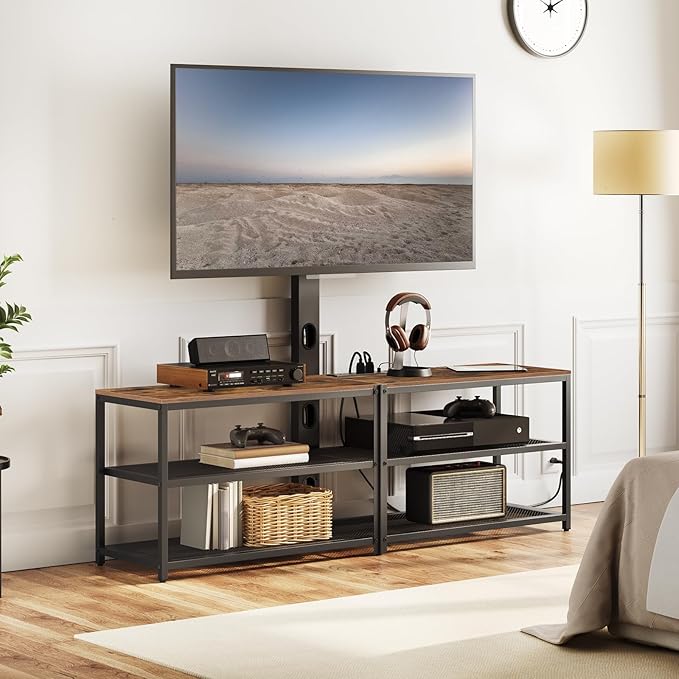 59 TV Stand with Mount and 4 Power Outlets Entertainment Center Media Console Swivel TV Stand Mount up to 75 inch TVs Height Adjustable Metal Frame for Living Room Bedroom TVHR35E01V