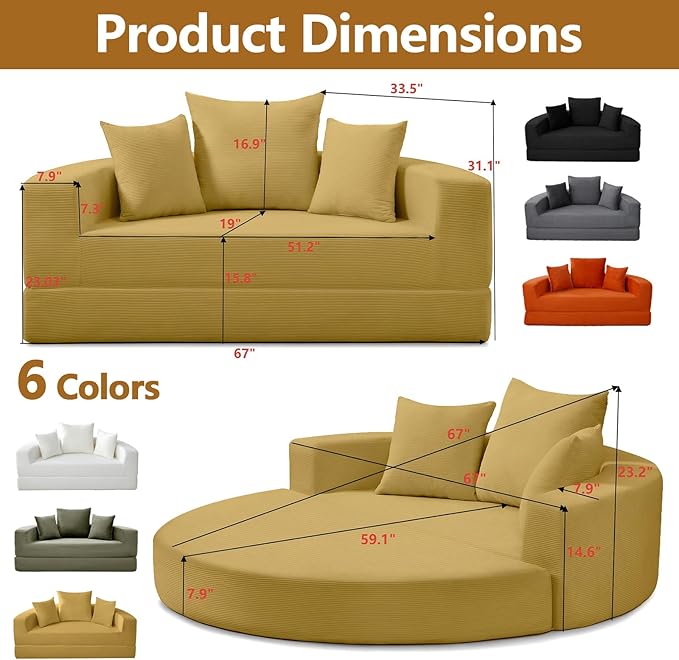 67'' Circular Convertible Compressed Sofa Bed Yellow Corduroy Floor Lounge Round Boneless Couch Loveseat Sleeper Sofa Couch with 3 Cushions No Assembly for Apartment Bedroom