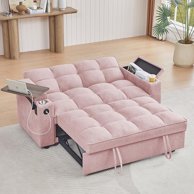 65'' 3-in-1 Folding Convertible Sofa Bed Queen Size Pullout Sofa Modern Chenille Fabric 360° Swivel Side Table Easy Assembly Perfect for Living Room