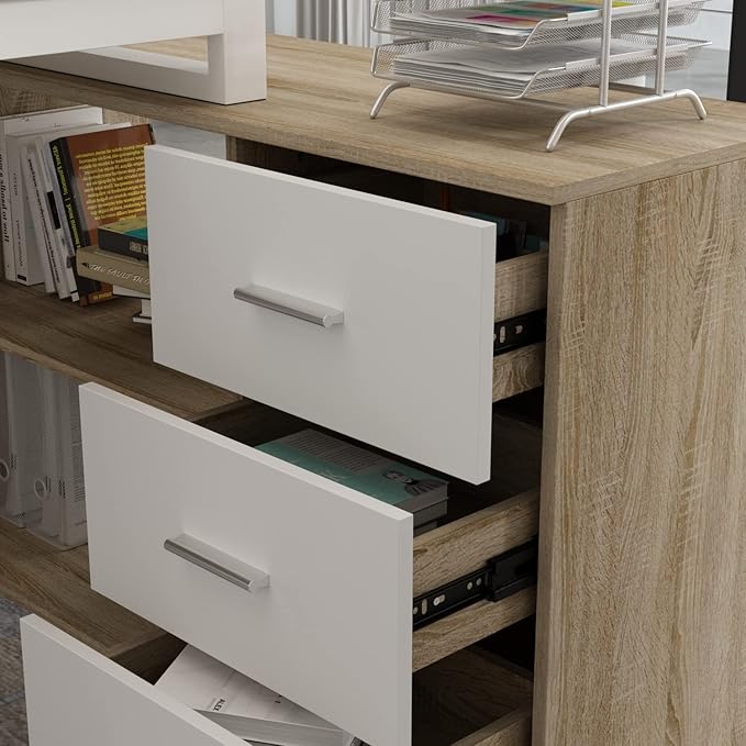 Homsee Home Office Computer Desk Corner Desk with 3 Drawers and 2 Shelves 55 Inch Large L-Shaped Study Writing Table with Storage Cabinet - Walnut and White