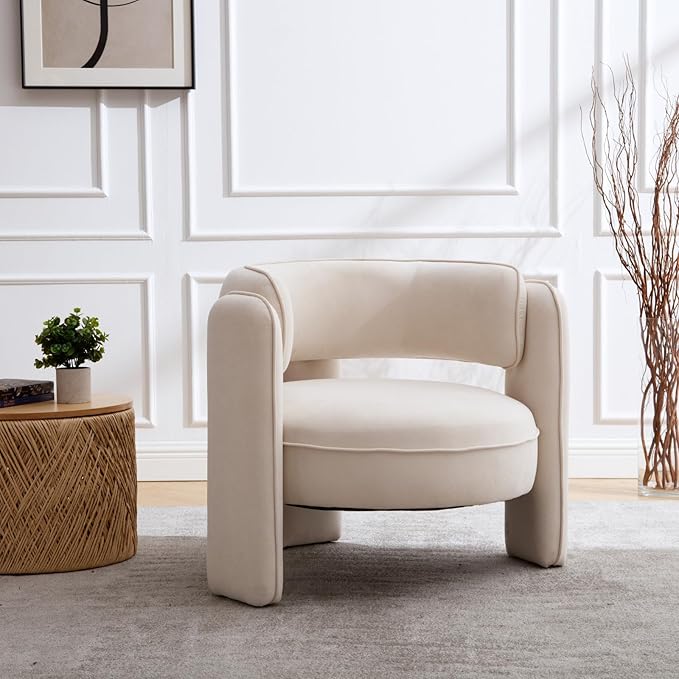 Modern Accent Chair Velvet Upholstered Lounger Chair with Barrel Back Solid Wood Legs Mid Century Comfy Accent Armchair Cozy Side Chair for Living Room Bedroom Beige