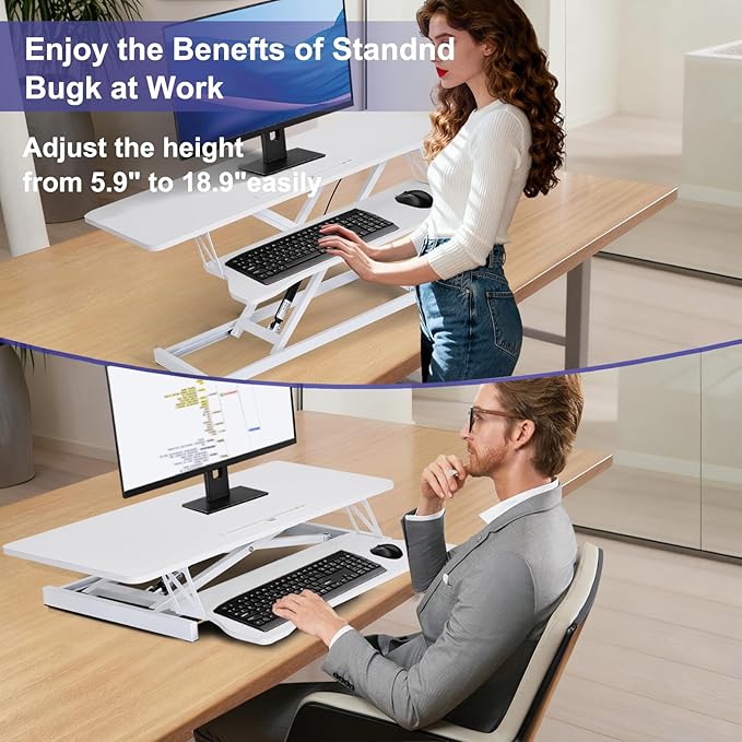 38-Inch Height Adjustable Standing Desk Converter Duals Monitor &amp Laptop Riser with Wide Keyboard Tray Sit to Stand Ergonomic Workstation for Home Office School Business White