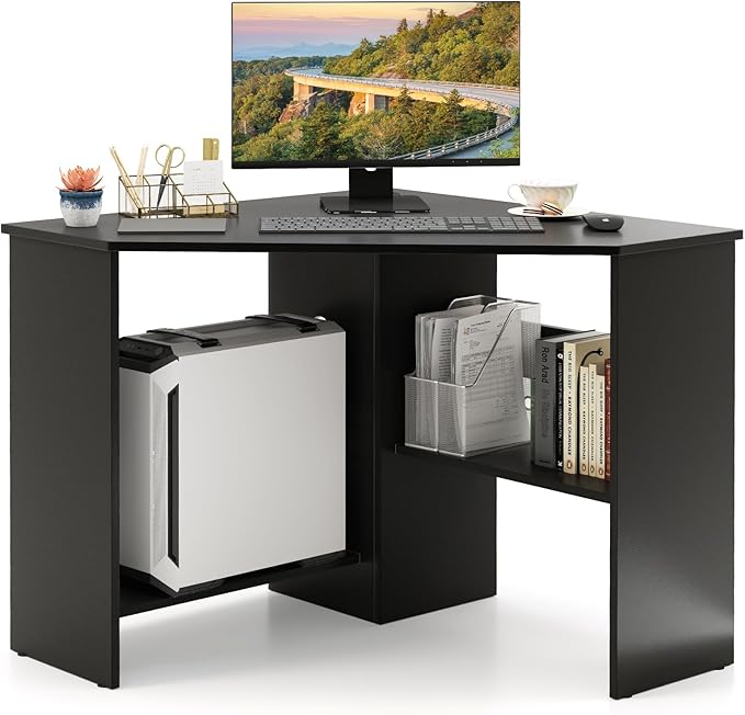 Giantex Corner Desk Space-Saving Triangle Computer Desk with Storage Shelves &amp CPU Stand Modern Makeup Vanity Table for Bedroom Writing Desk for Small Spaces (Black)