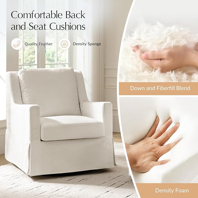 HULALA HOME Swivel Rocker Chair Farmhouse Swivel Rocking Accent Chair with Washable Slipcover Fabric Upholstered Barrel Armchair with Down Filled Cushions Ivory