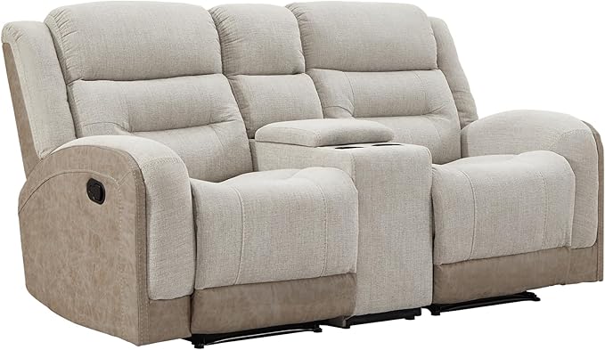 EBELLO Loveseat Recliner with Center Console Soft Fabric 2-Seater Manual Recliner Sofa Hidden Storage &amp Cup Holders Wall-Hugger Reclining Sofa for Living Room RV Beige