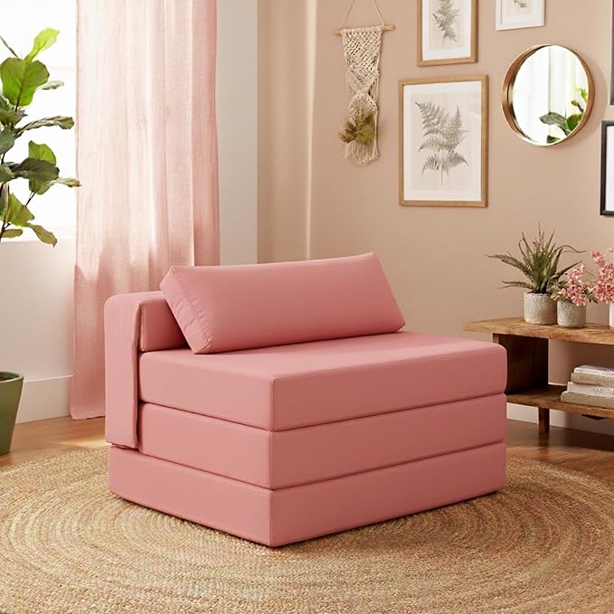 Tiita Folding Sofa Bed Chair 4-Fold Convertible Sleeper Chair with Lumbar Pillow Washable Cover &amp Side Pocket Floor Couch Bed with Raised Seat Single Size for Small Spaces Pink
