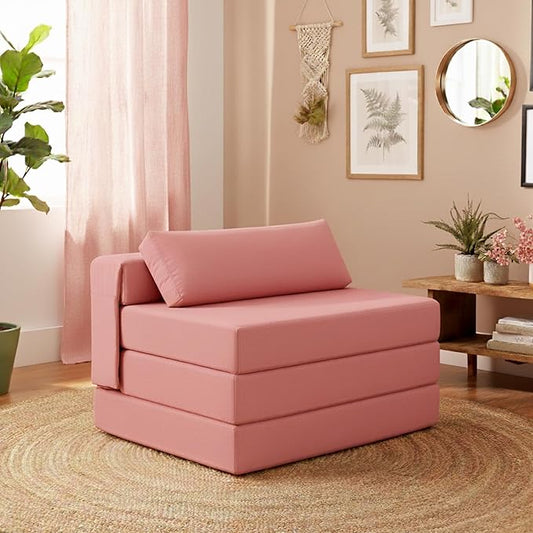 Tiita Folding Sofa Bed Chair 4-Fold Convertible Sleeper Chair with Lumbar Pillow Washable Cover &amp Side Pocket Floor Couch Bed with Raised Seat Single Size for Small Spaces Pink