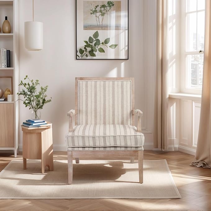 Modern Farmhouse Striped Accent Chair Wide Upholstered Living Room Chair with Armrest Pads Coastal French Country Wooden Armchair for Bedroom Guest Room Striped Linen Fabric