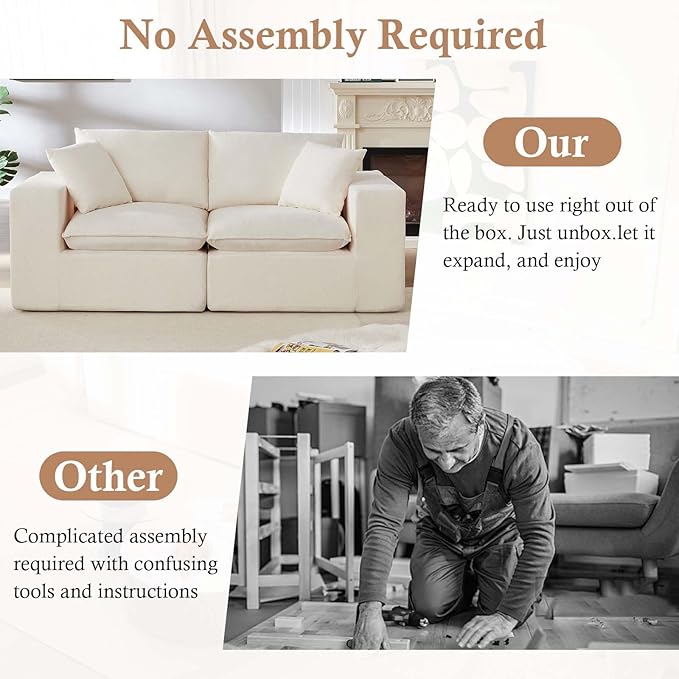78'' Chenille Modular Loveseat White Boneless Loveseat with 2 Pillows Cloud Couch Love Seats for 2-Seater Upholstered Sectional Sofa for Living Room No Assembly Freely Combinable (White)