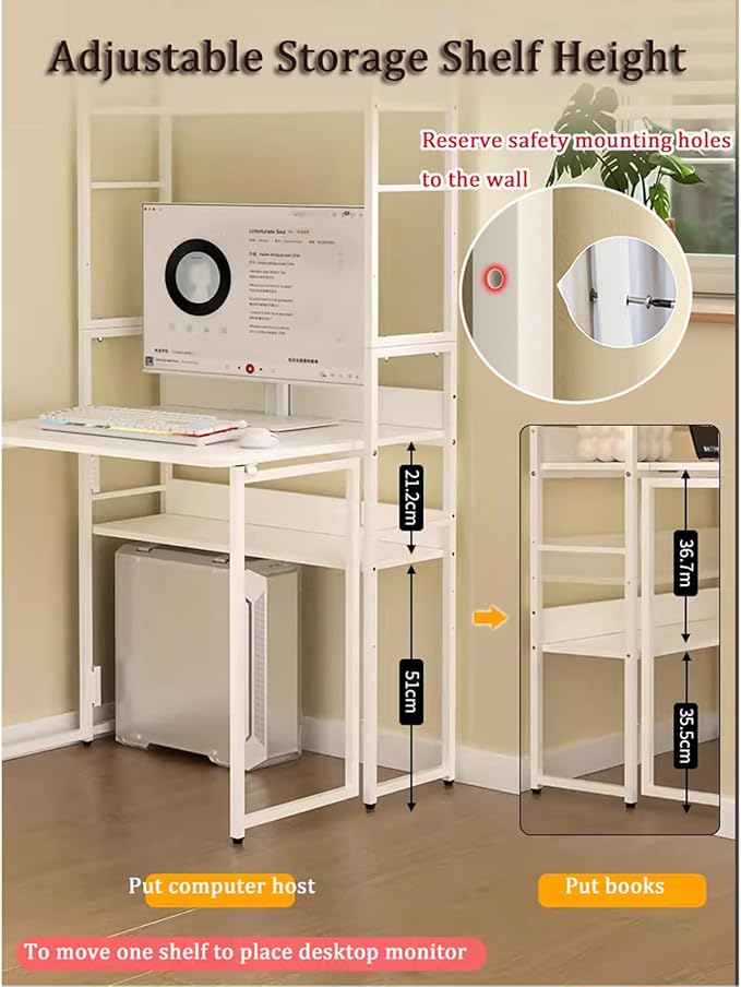 2-in-1 Bookshelf Desk Combo Folding Desk with Storage Shelf 5 Tier Bookshelf with Foldable Table White Carbon Steel Storage Rack with Wood Writing Desks for Home Office (23.6″)