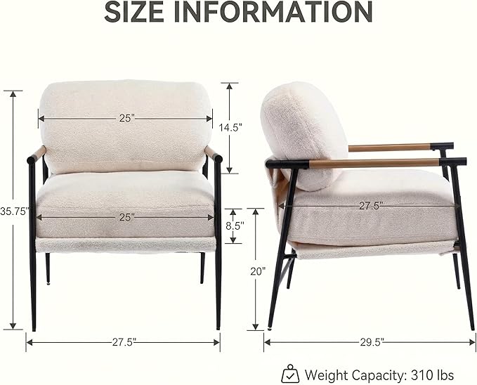 DUOMAY Mid-Century Modern Accent Chair Comfy Sherpa Sofa Lounge Chair Reading Corner Chair for Living Room Bedroom Office Mid-Back Arm Chair with Black Metal Leg White