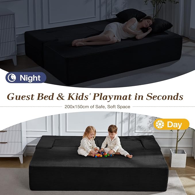 Folding Sofa Bed 78.7”Full-Length Floor Sleeper Couch Full Size Folding Sofa Bed with 2 Ottomans 3-in-1 Convertible Foam Futon No Assembly Sleeper Couch for Living Room Bedroom Small Space Black