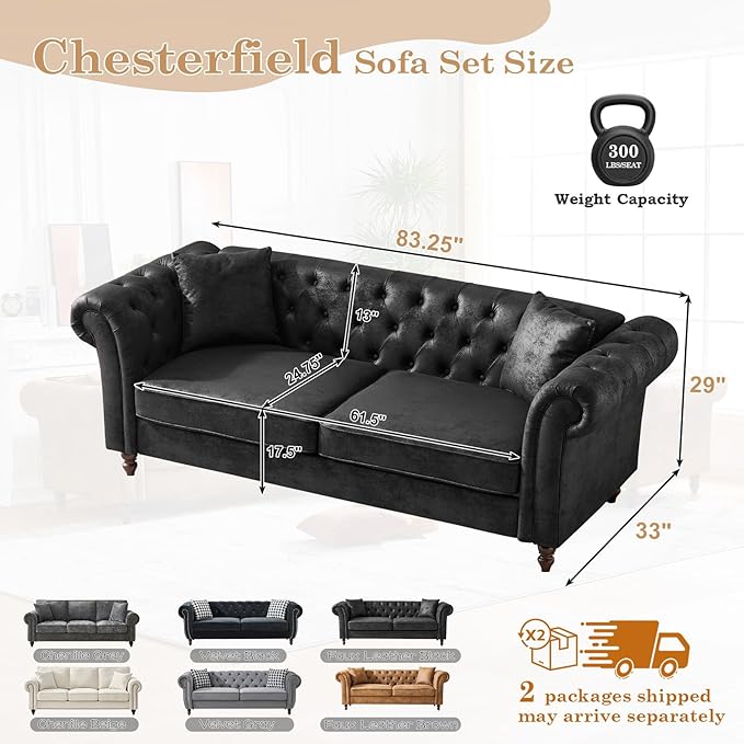 Mid Century Modern Faux Leather Couch 83 Chesterfield Sofa Tufted Loveseat Sofa w/Nailhead Trim Rolled Arms Comfy Upholstered Deep Seating Settee Love Seat for Living Room Office(Black 3 Seater)
