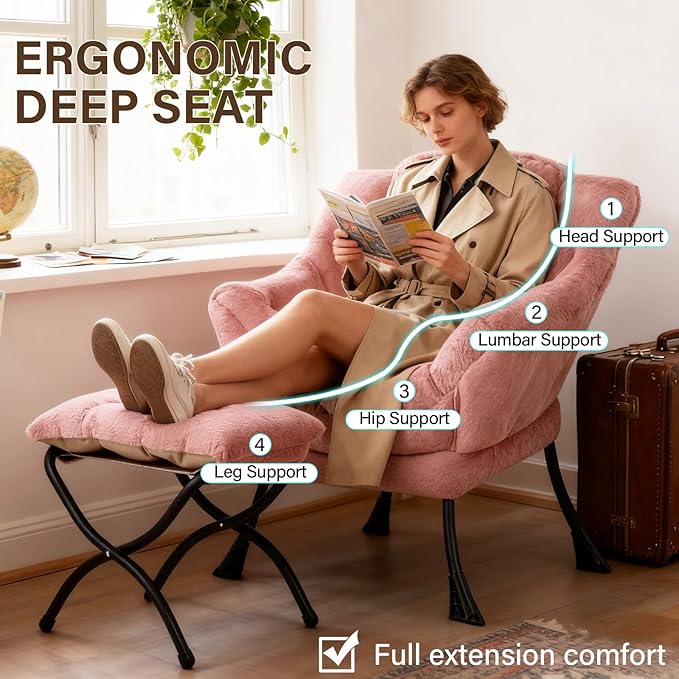 Welnow Lazy Chair with Ottoman Modern Accent Chair with Armrests and a Side Pocket Leisure Sofa Armchair Set Reading Armchair with Footrest for Small Space Plush Dark Pink