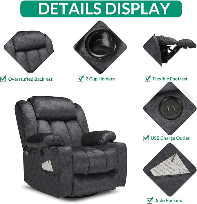 VIVIJASON Manual Swivel Rocking Glider Recliner Chair with Heat &amp Vibration Massage 360° Swivel Overstuffed Reclining Chair with 2 Cup Holders Side Pockets &amp USB Ports for Living Room Plush