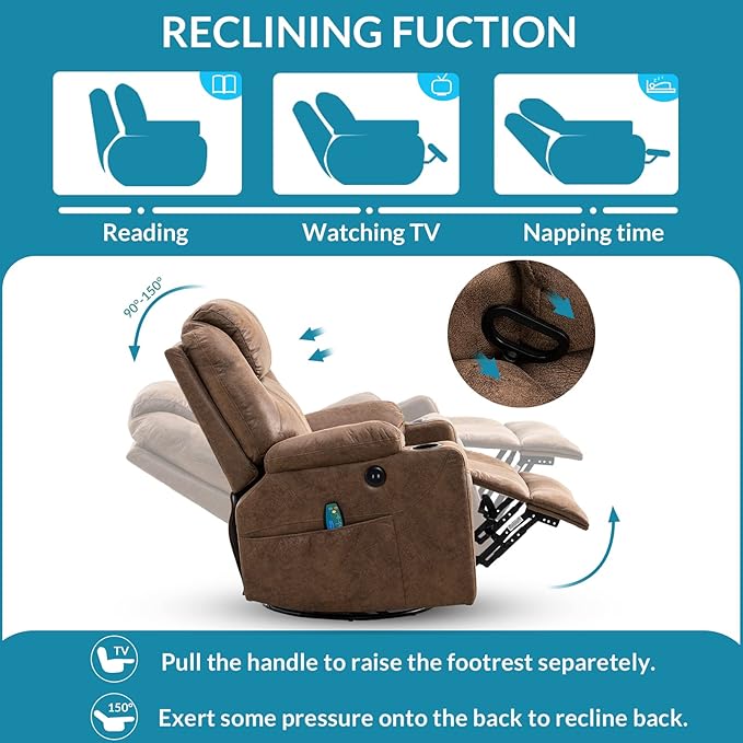 Manual 360 Degree Swivel Glider Rocker Recliner Chair with Massage and Heat 2 USB Ports 2 Front Pockets 2 Side Pockets and 2 Cup Holders Bronze Suede Fabric (Brown)