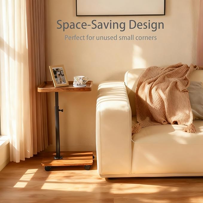 Adjustable Height Couch Tables That Slide Under Sofa 360° Swivel Modern Tv Tray Table with Wheel C Shaped End Table for Couch C Table for Small Place Perfect for Livingroom Bedroom