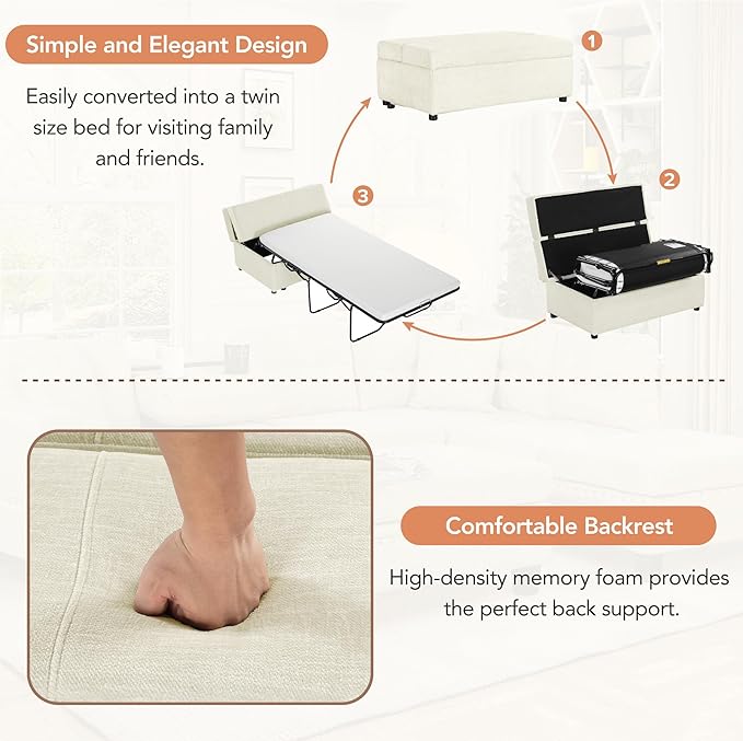 46 Ottoman Folding Bed Twin Size Convertible Ottoman Pull Out Bed with Memory Mattress Foldable Sofa Beds Dual Use Guest Sleeper Couch for Living Room Bedroom Guest Room RV (White+Chenille)