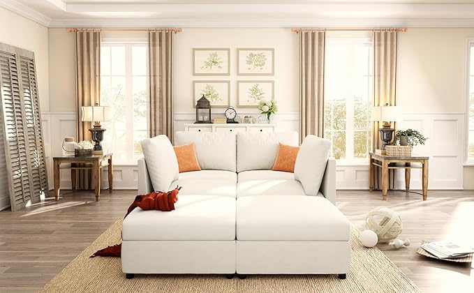 123 Large Modular Sectional SofaModern U-Shaped Sectional couch with Storage6-Seater Deep Seat Chenille Fabric Sofa for Living Room L-Shape Convertible with Movable Ottoman &amp Cup Holders (Whit