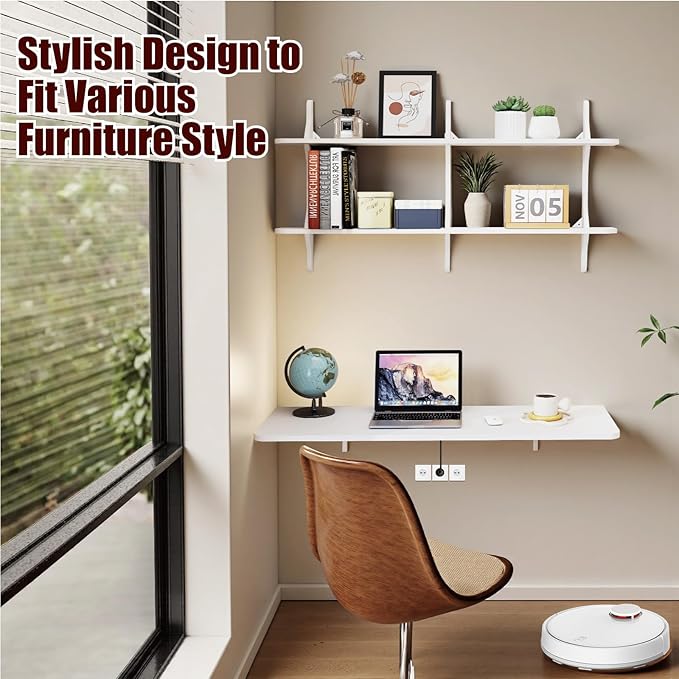 Pmnianhua Wall Mounted Folding Table 47'' Floating Laptop Desk with Shelves Foldable Drop Leaf Table Wall Mount Fold Down Table for Laundry Room Kitchen Bar Home Office Small Space(White)