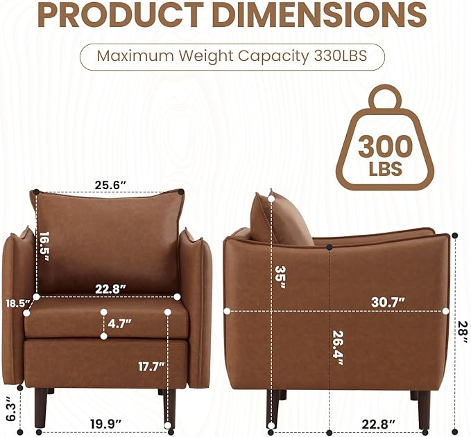 MOJAY PU Leather Accent Chairs Mid-Century Modern Upholstered Armchair Club Sofa Chair with Sturdy Legs for Living Room Bedroom Reception (Brown)