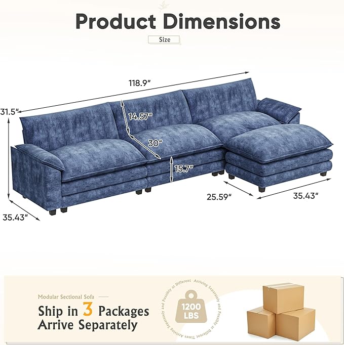Furniwell 119 Modular Couch 3-Seat Sofa with Reversible Ottoman Cloud Couch L Shaped Sofa with Deep Seat Chenille Sectional Couches for Living Room