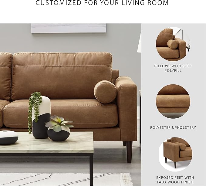Signature Design by Ashley Telora Faux Leather Sofa 2 Bolster Pillows Loose Cushions Faux Wood Finish Accent Legs 85 W x 35 D x 35 H Dark Brown