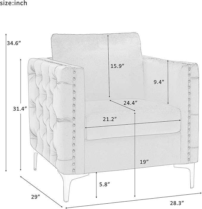 Modern Velvet Armchair Tufted Button Accent Chair Club Chair with Steel Legs for Living Room BedroomGrey