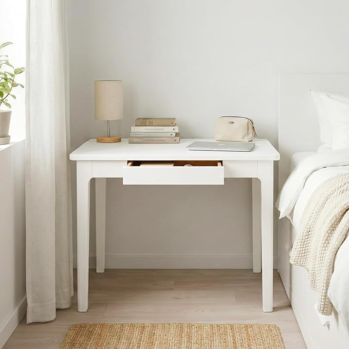 31 Minimalist Solid Rubberwood Desk with Metal Glide Drawers True White - Extra Deep 24 Makeup Vanity &amp Writing Table