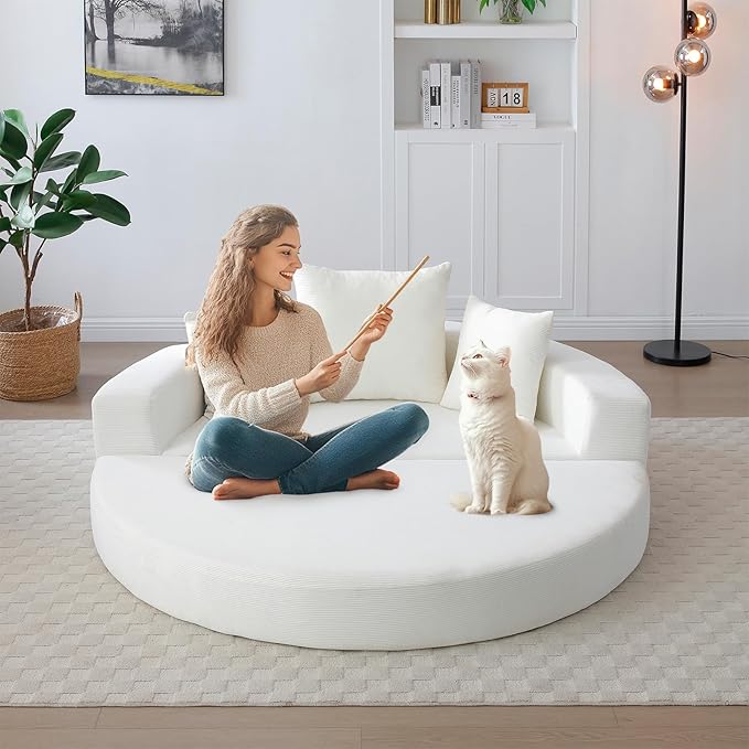 Curved Convertible Futon Sleeper Sofa Bed 67 Boneless Couch with Pull-Out Bed Corduroy Foldable Floor Mattress for Living Room No Assembly Required Round Beige