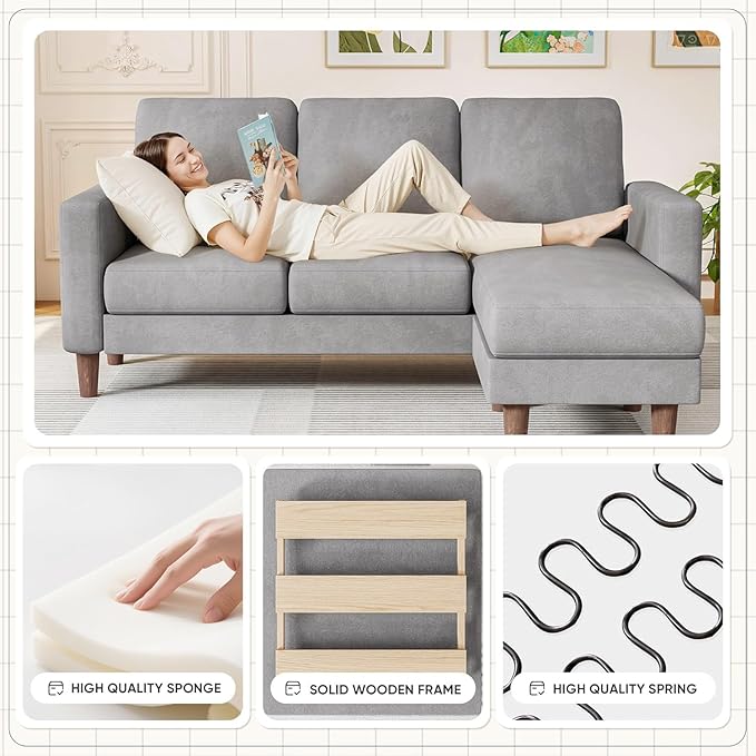 Homall Convertible Sectional Sofa 3 Seat L Shaped Couch with Side Storage Pocket Sofas with Movable Ottoman Small Linen Couches for Living Room &amp Apartment (Linen Fabric Light Grey)