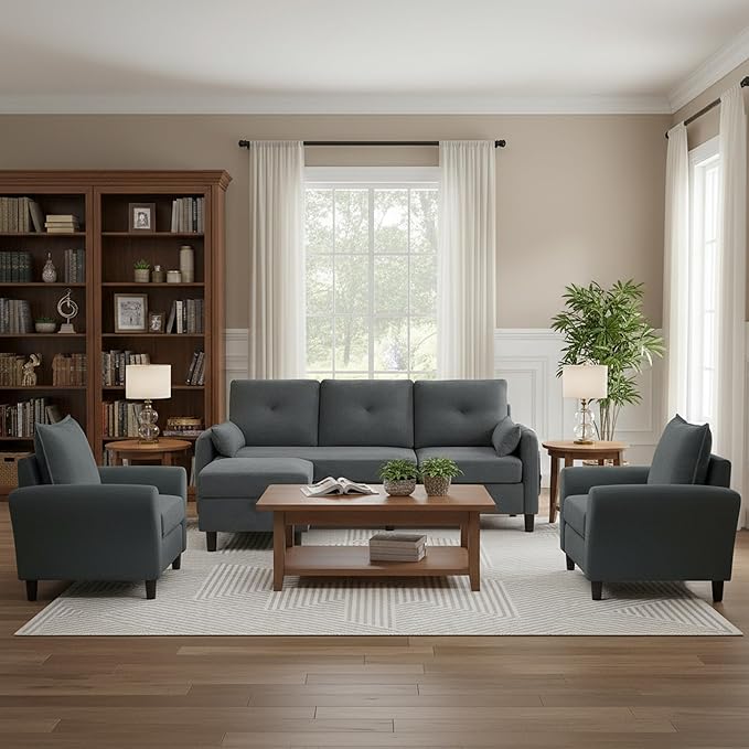 Sectional Sofa Set 77 Convertible Sofa and 2 Pieces 35 Accent Chair Small 3 Seat L Shaped Couch with Storage Ottoman Modern Couch for Living Room Office Apartment Dark Grey