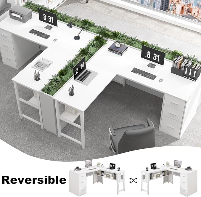 LVB White L Shaped Corner Desk with Drawers Reversible Modern L-Shaped Computer Desk with Storage Cabinet Shelves Large Wood Metal L Shape Home Office Desk for Work Study Writing Gaming 59 Inch